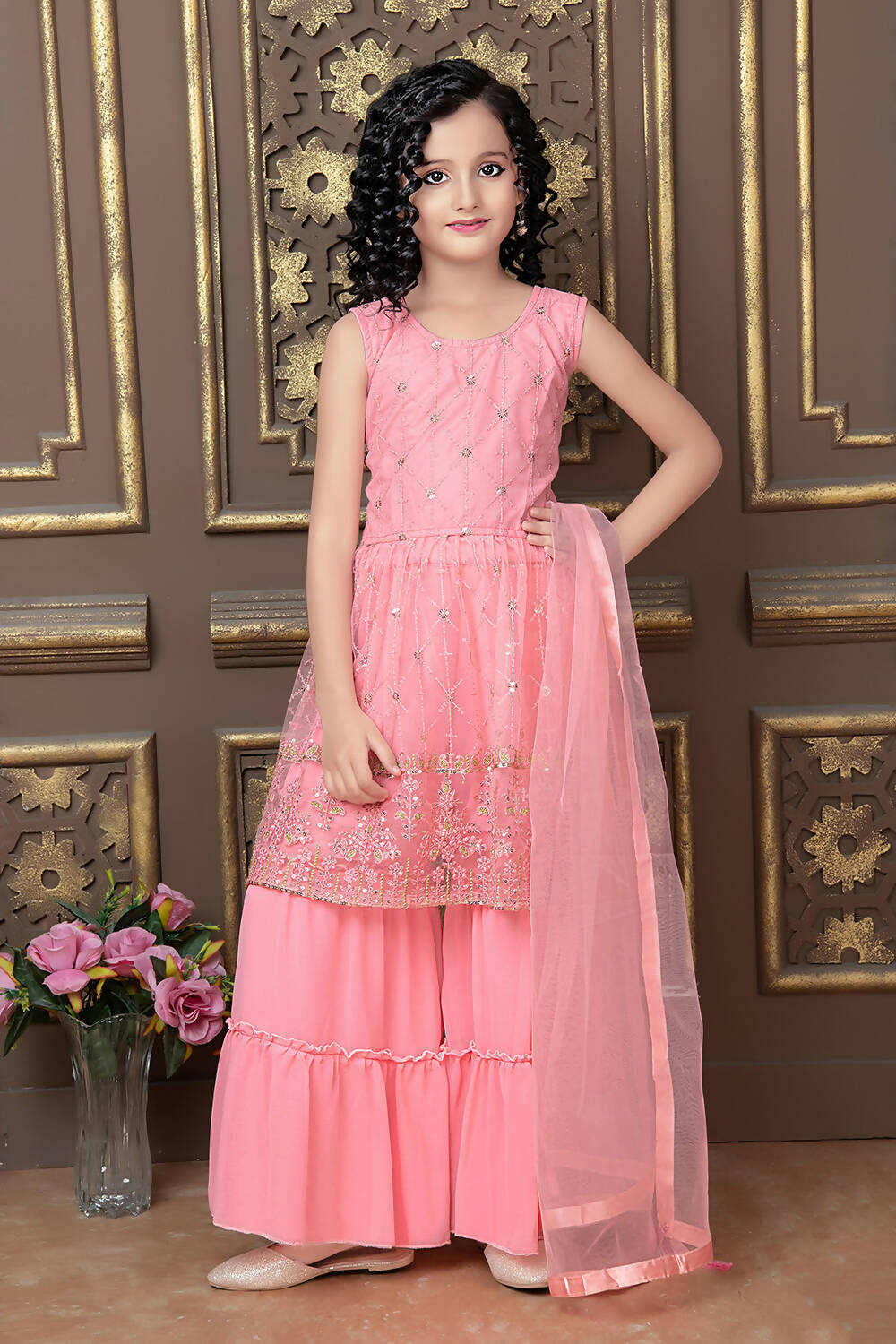 Kids Wedding Designer Pink Pure Finest Soft Net Sharara Suit - Aaradhna - Distacart