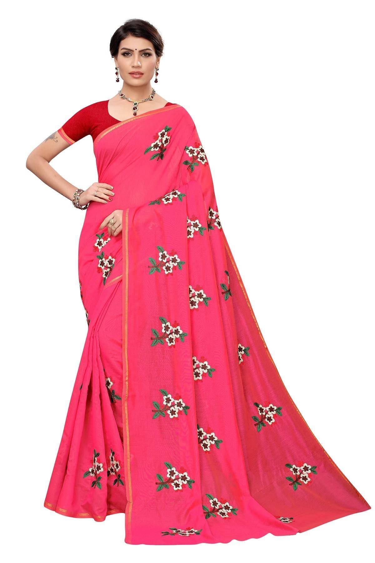 Vamika Pink Chanderi Cotton Embroidery Floral Saree