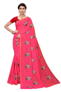 Thumbnail for Vamika Pink Chanderi Cotton Embroidery Floral Saree