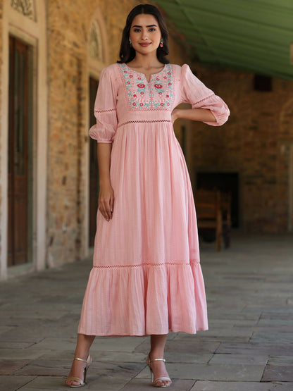 Juniper Women's Pink Cotton Dobby Embroidered Flared Dress - Distacart