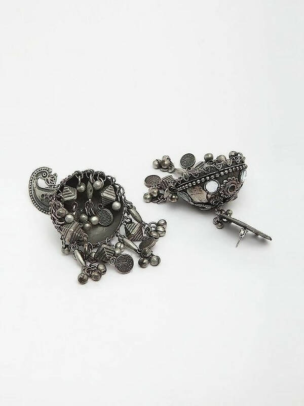 Peacock Shaped Tribal Design Oxidised Silver Plated Chandelier Jhumkas (VMC-PCK2) By House of Ree - Distacart