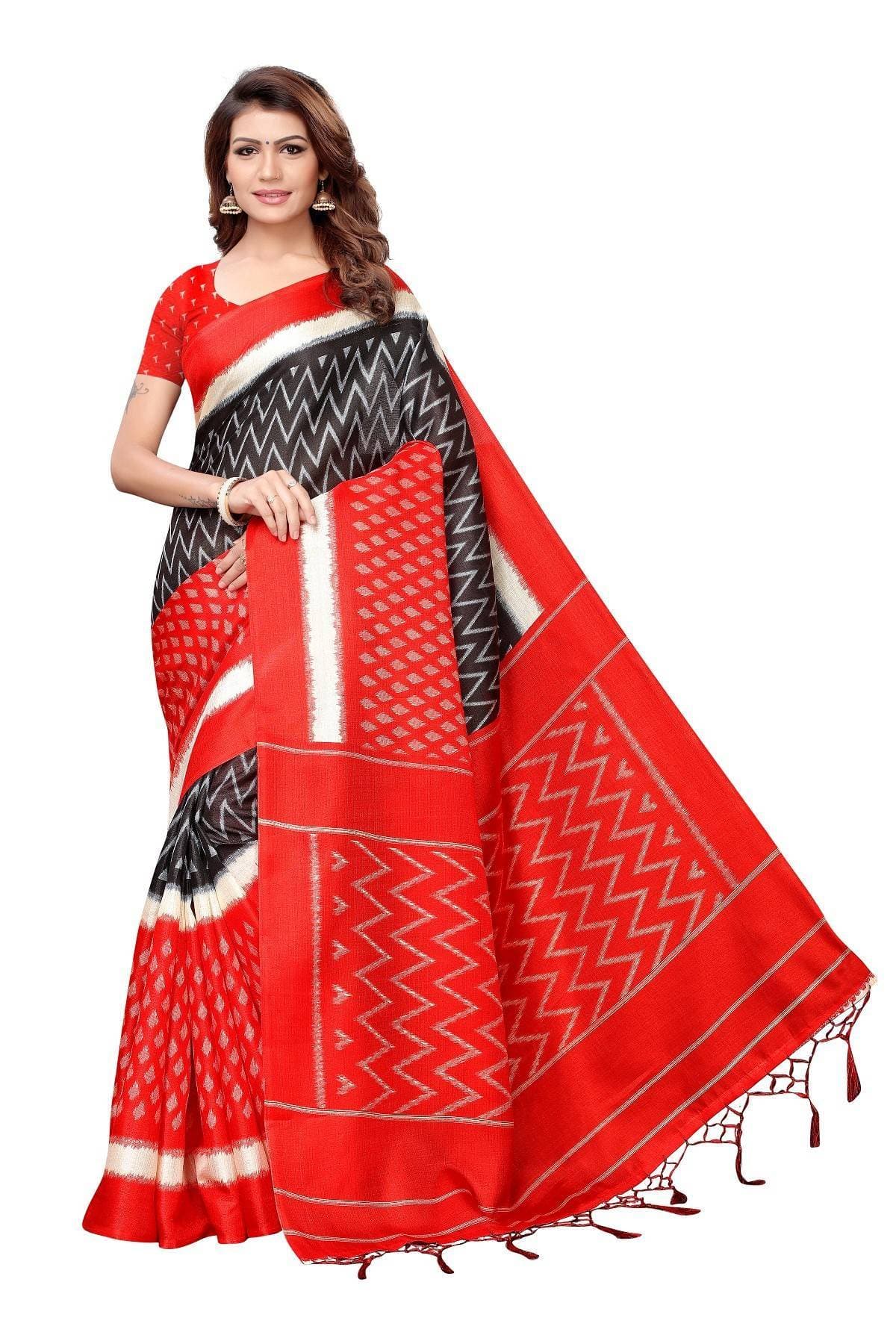 Vamika Red Kalamkari With Jhalar Khadi Silk Saree Snap Red