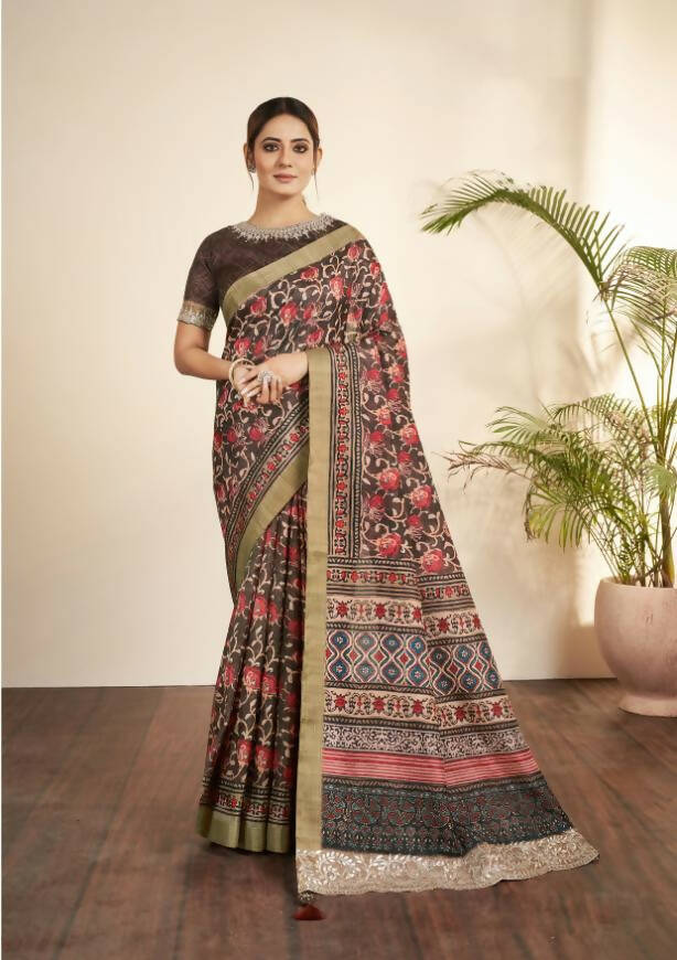 Brown Bhagalpuri Silk Floral Print with Hand work & Stone Work Border Saree - Norita Nirvi - Distacart