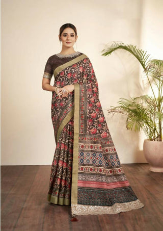 Brown Bhagalpuri Silk Floral Print with Hand work & Stone Work Border Saree - Norita Nirvi - Distacart