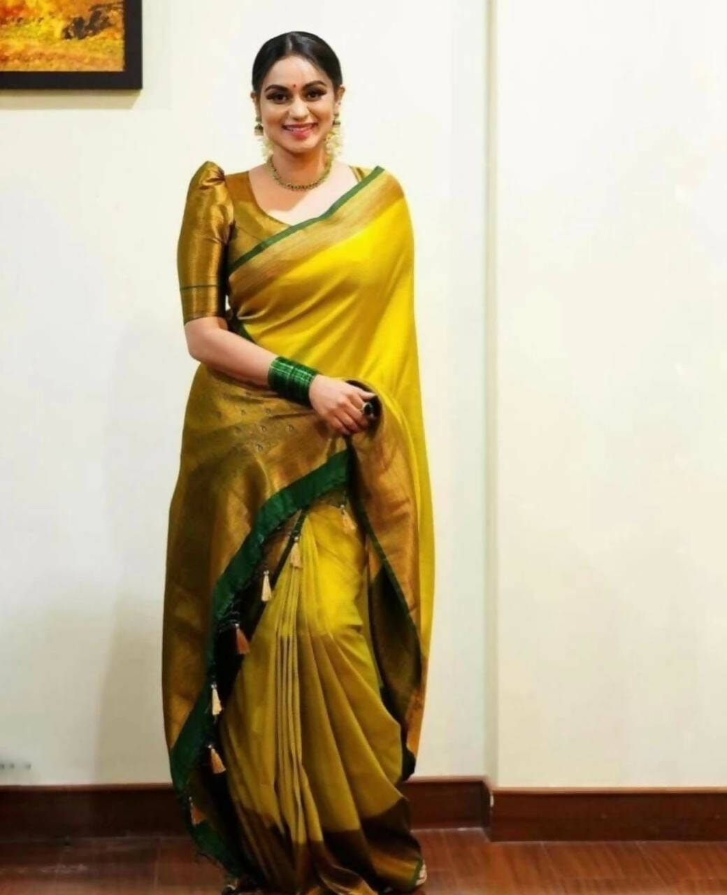 DEIANA'S Beautiful Golden Jari with New Design Soft Lichi Silk Saree - Yellow Green - Distacart