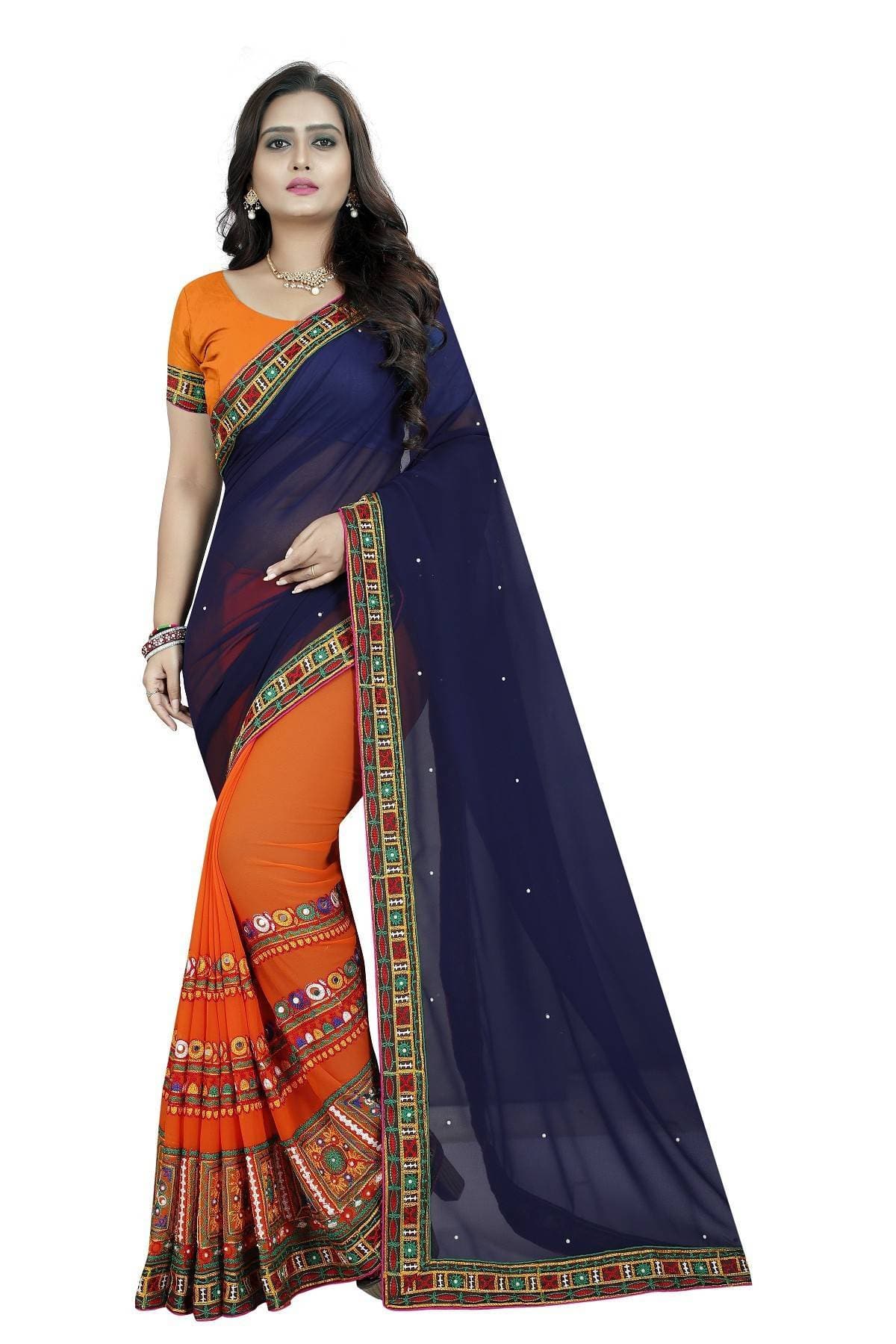 Vamika Navy & Orange Georgette Designer Saree
