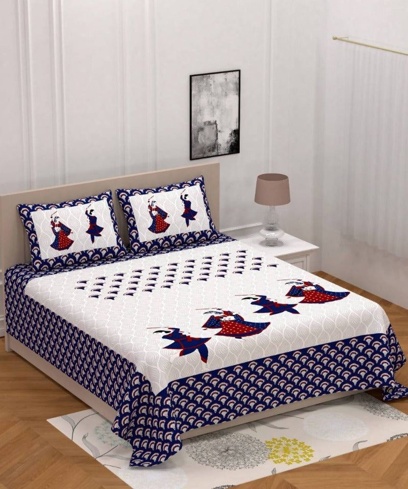 Vamika Printed Cotton Garba Blue Bedsheet With Pillow Covers