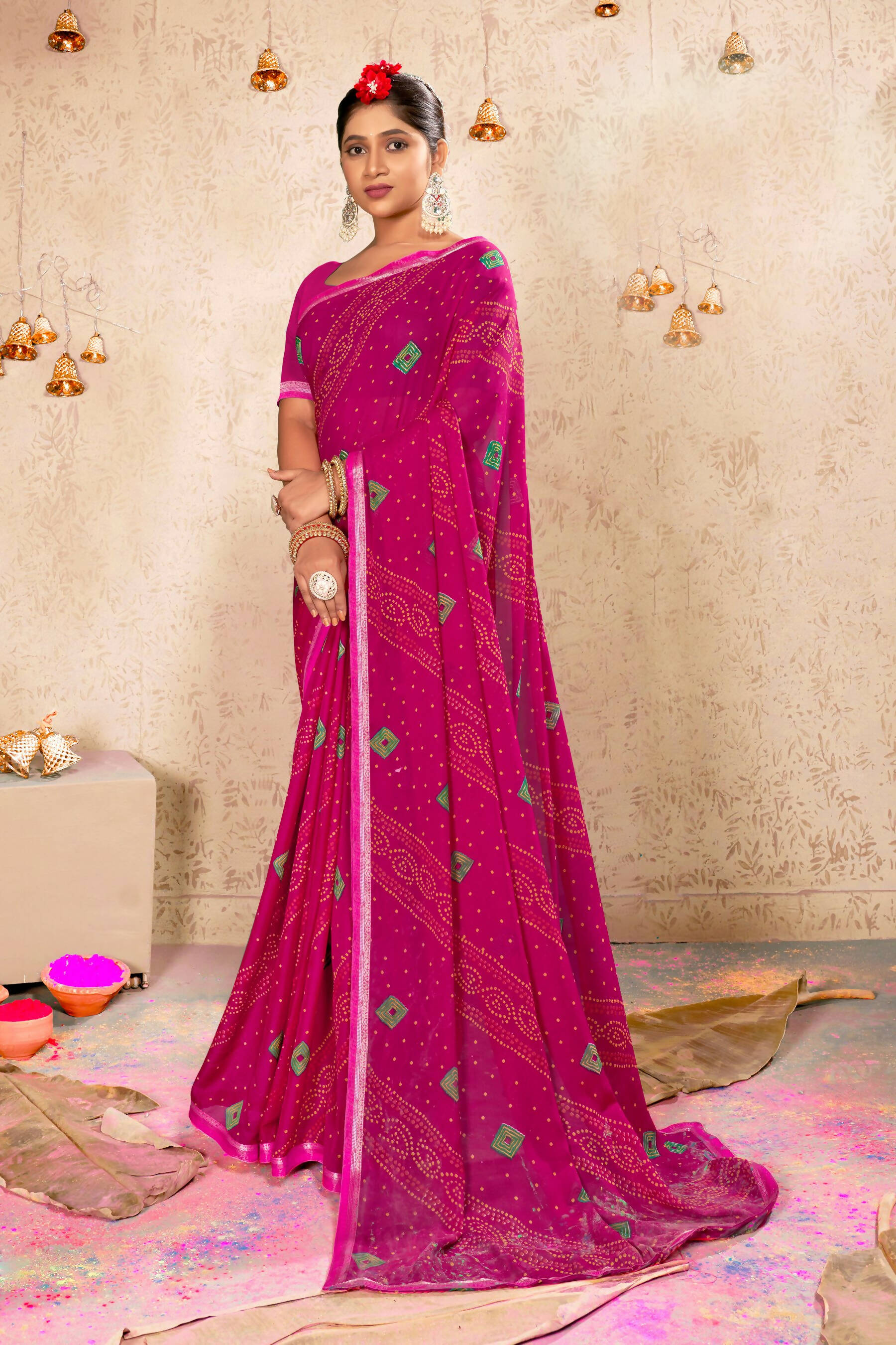 Pink Georgette Bandhni Printed Saree With Unstitched Blouse Piece - Shanaya - Distacart
