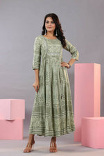 Thumbnail for Juniper Women Olive Green Shantoon Floral Printed Maxi Dress - Distacart
