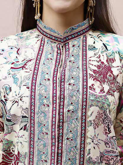 Cream Rayon Floral Printed Top with Matching Bottom - Eesha - Distacart