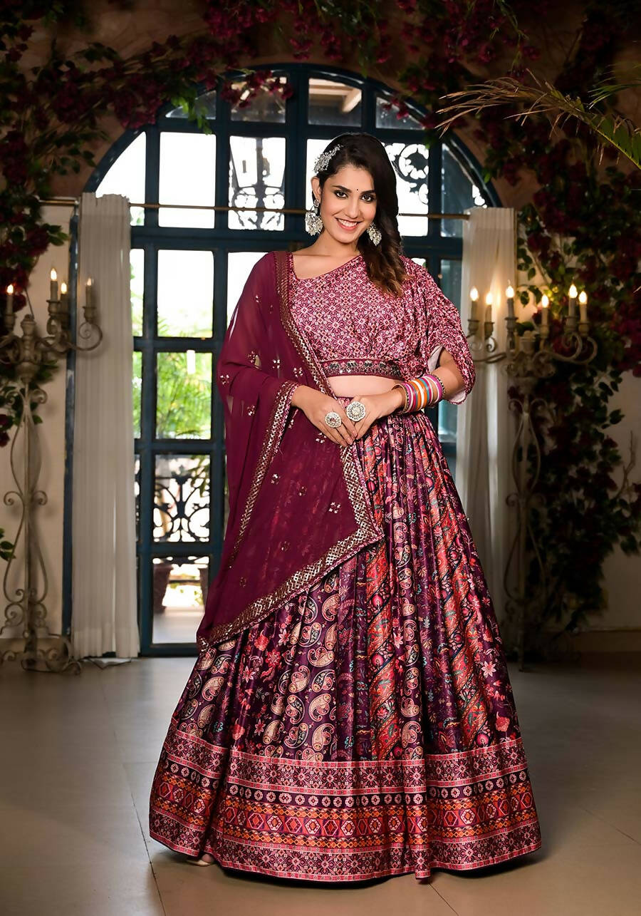 Women's Wedding Traditional Mulberry Dull Satin Lehenga Choli - Kaushlya - Distacart