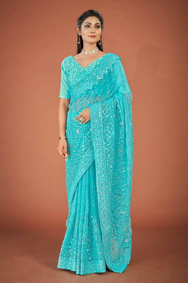 Vastrasky Sky Blue Georgette Designer Saree - Distacart