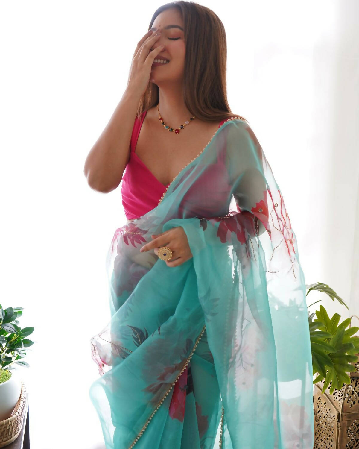 Vamsee Sky Blue Organza Saree - Distacart
