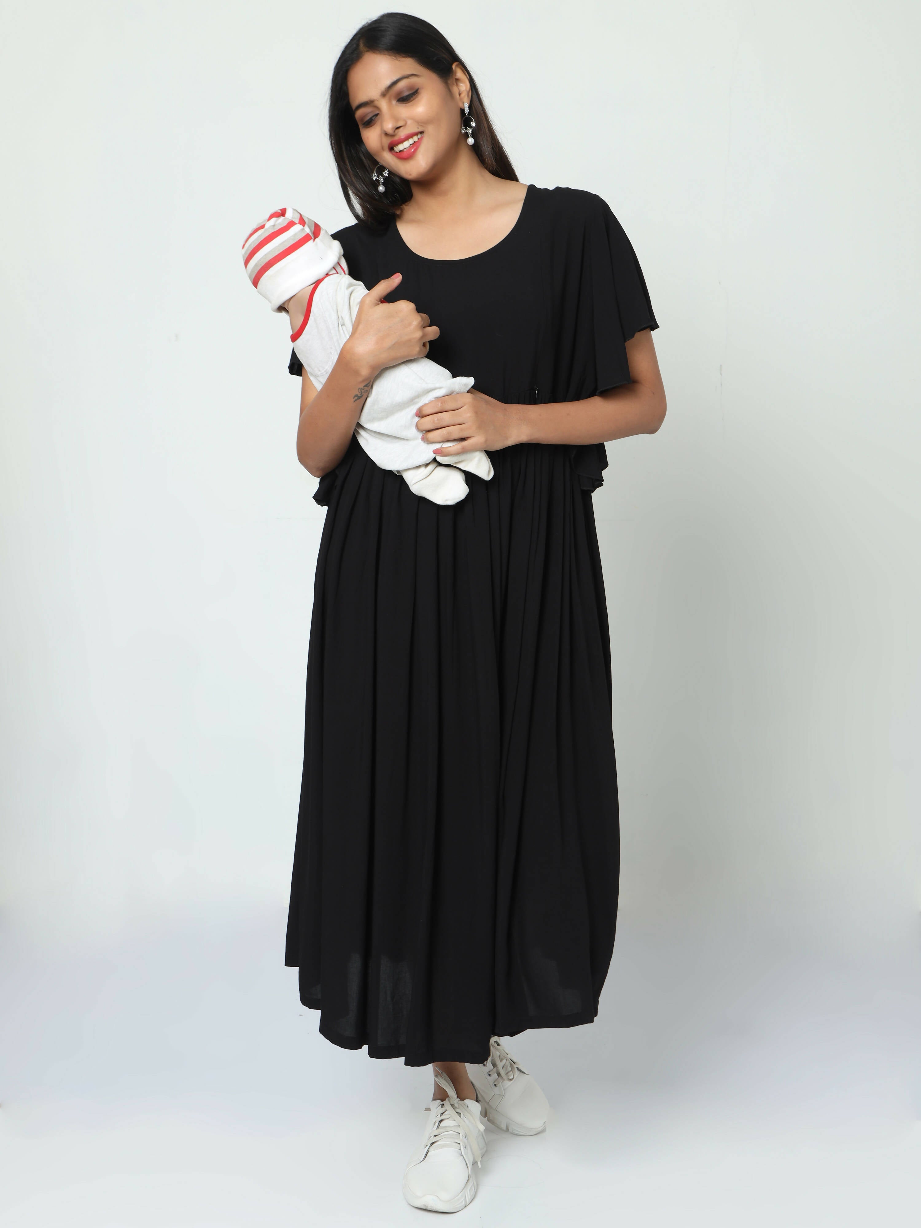 Manet Maternity Frill Slevee Solid Dress With Concealed Zipper Nursing Access - Black - Distacart