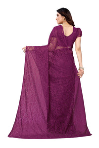 Thumbnail for Vamika Ethnic Fire Purple Pearls Net Saree - Distacart