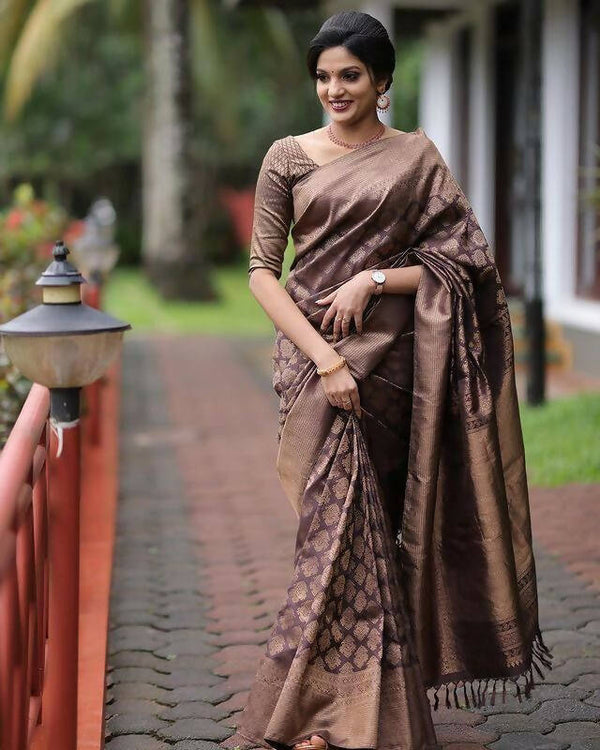 DEIANA'S Beautiful Golden Jari with New Design Soft Lichi Silk Saree - Brown - Distacart