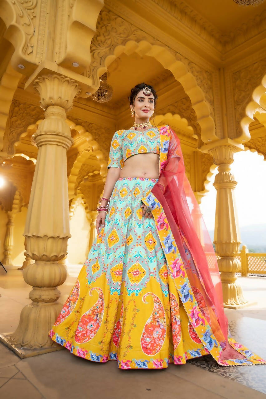 InfinitySaree Designer Sky Blue Lehenga Choli for Women, Printed and Mirror Work Lehengas Set - Distacart