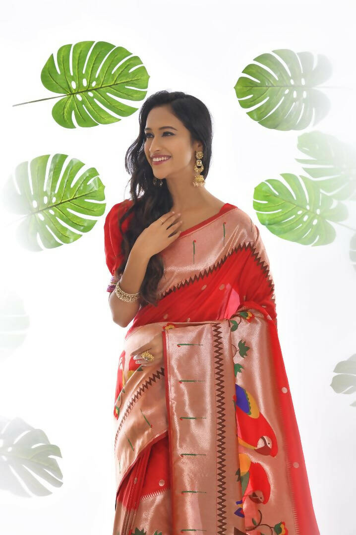 Vishnu Weaves Women's Red Paithani Silk Zari Woven Saree with Unstitched Blouse - Distacart