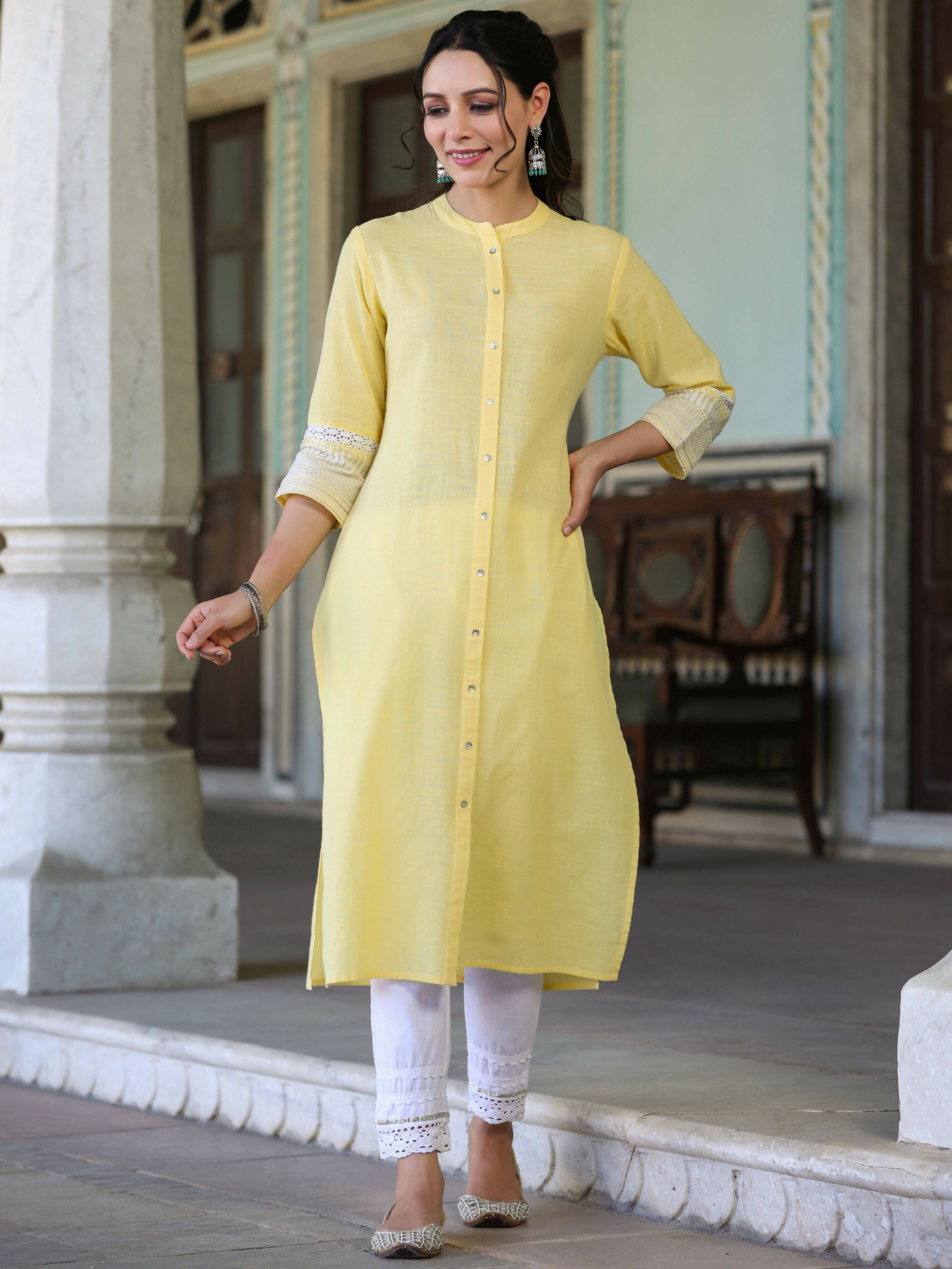 Juniper Women's Yellow Cotton Slub Embroidered Straight Kurta - Distacart