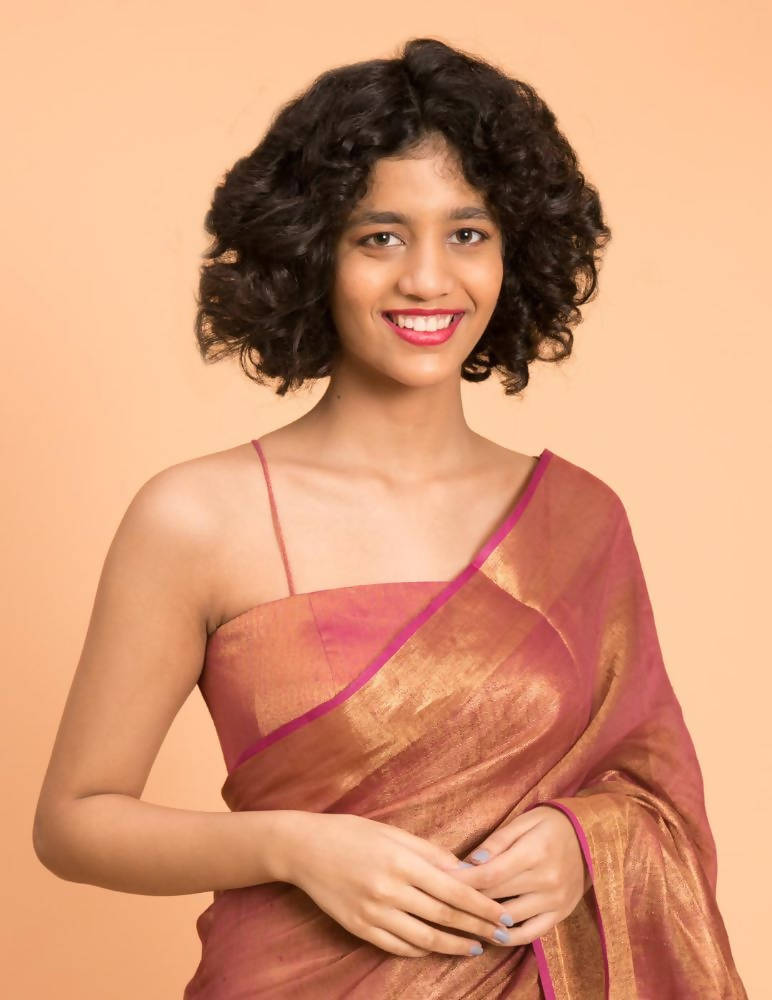 Suta Pink Golden Solid Zari Pure Linen Saree - Distacart