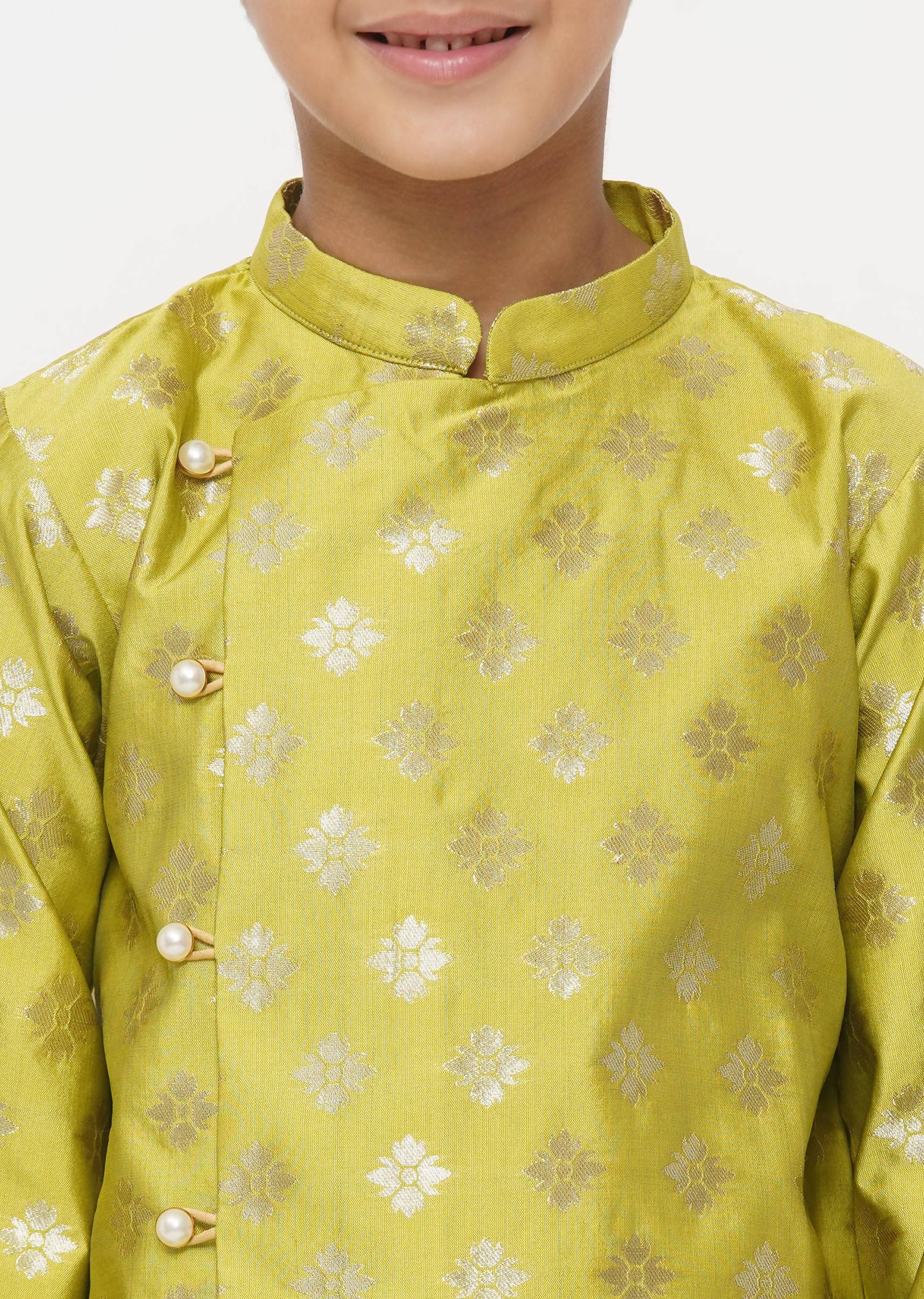Little Bansi Banarsi Silk Sherwani & Pyjama - Apple Green & Cream - Distacart
