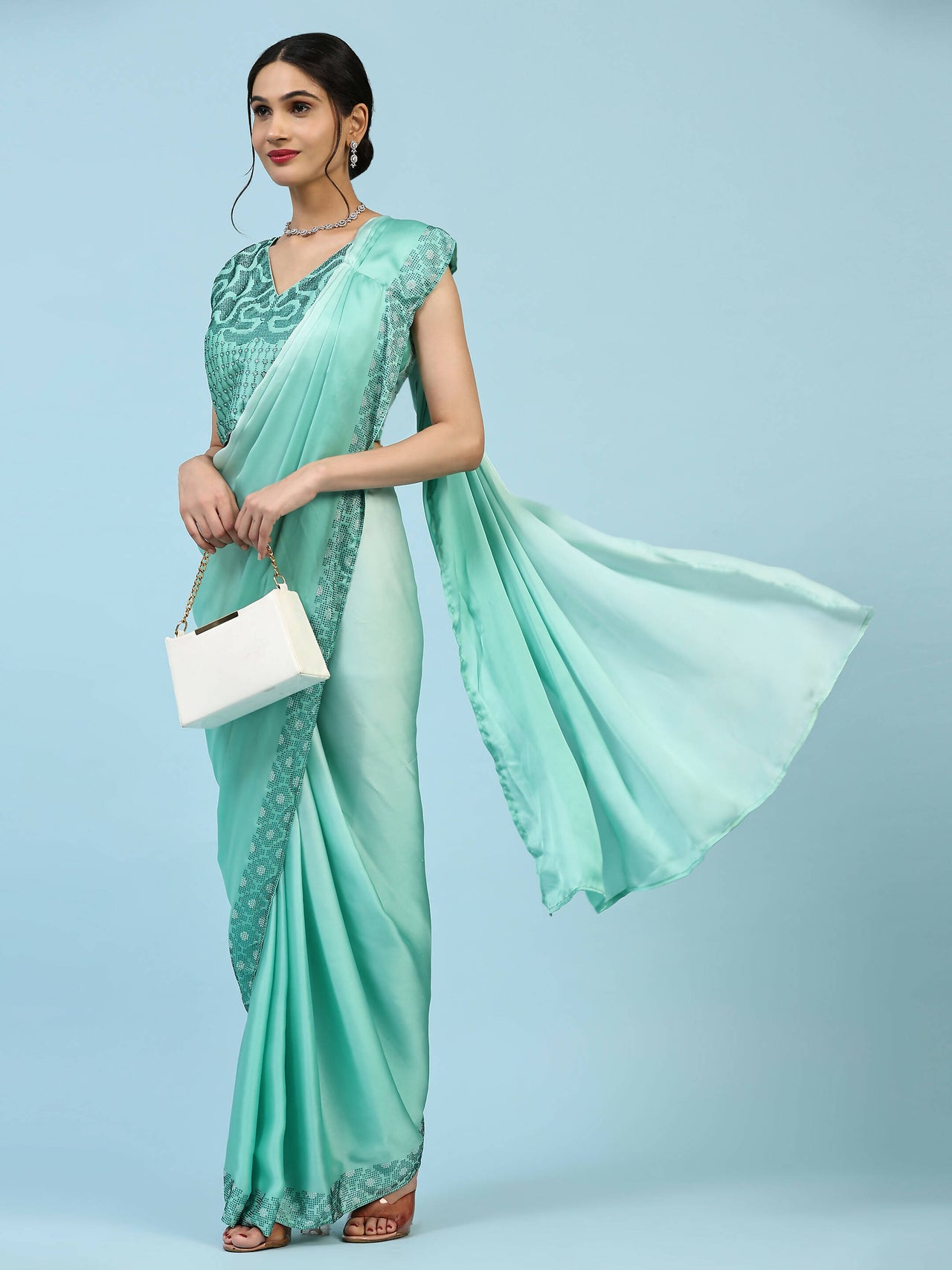 Sea Green Ombre Satin Georgette Plain Ready to wear Saree with stitched Blouse - Vrinda - Distacart