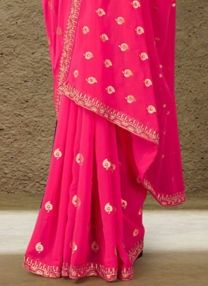 Pink Georgette Embroidered Saree with Unstitched Blouse Piece - Avika - Distacart