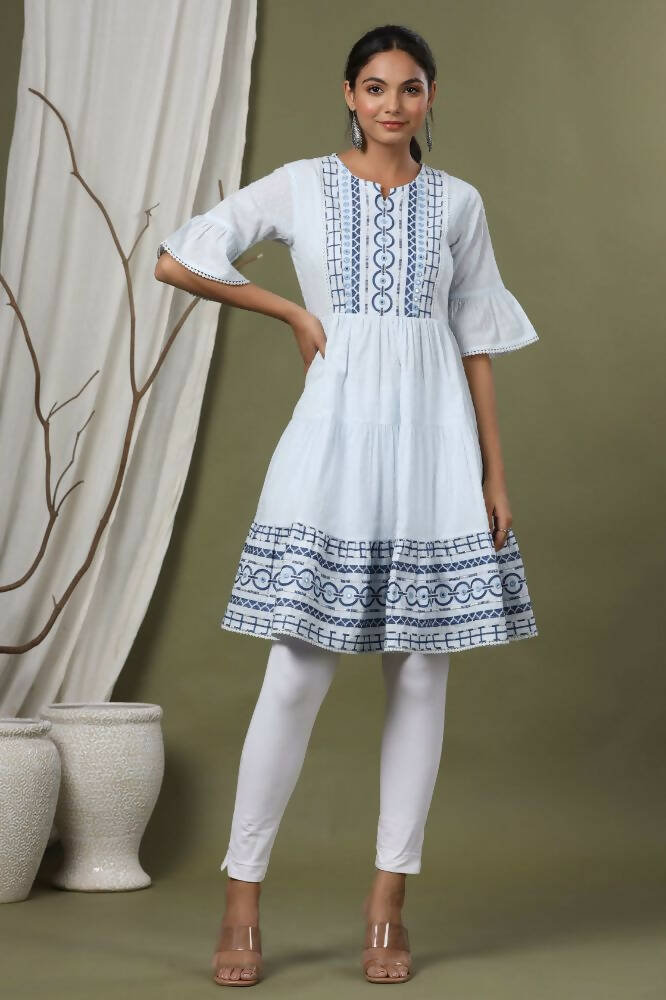 Juniper Sky Blue Cotton Dobby Festive Embroidered Tiered Dress For Women - Distacart