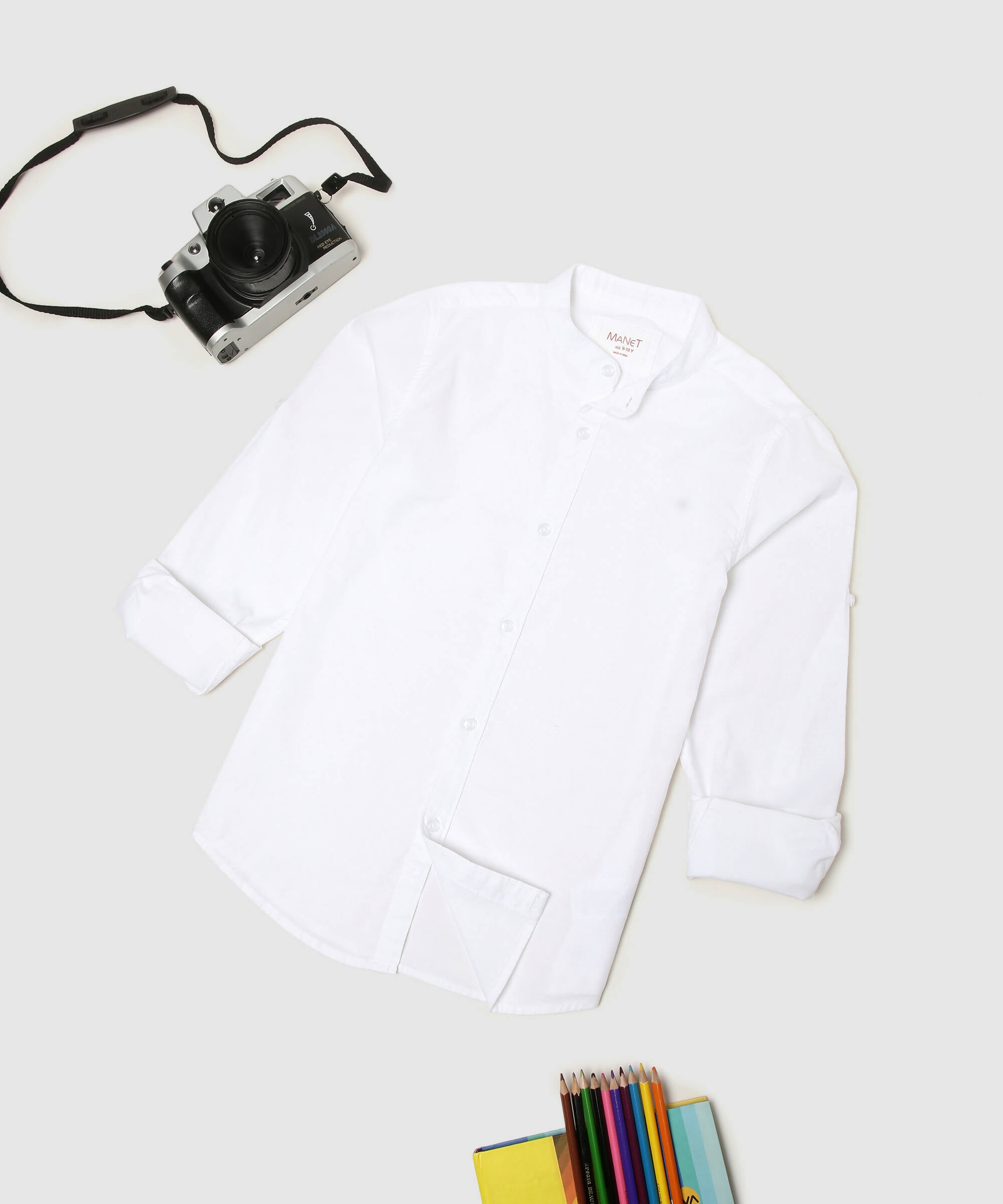 Manet Boys Mandarin Collar Full Sleeves Melange Shirt - White - Distacart