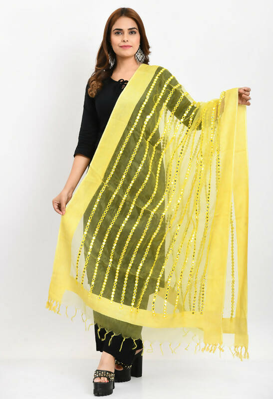Mominos Fashion Moeza Women's Orgenza Mirror Stripe Thread Work Lemon Yellow Dupatta - Distacart