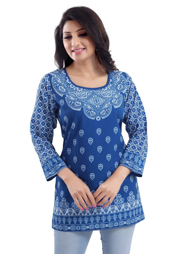 Snehal Creations Royal Blue Faux Crepe Short Kurti Tunic Top