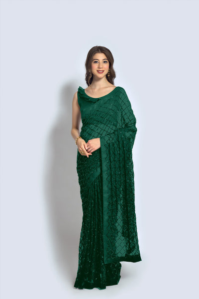 Malishka Women's Green Georgette Sequence Embroidery Saree With Blouse Piece - Distacart