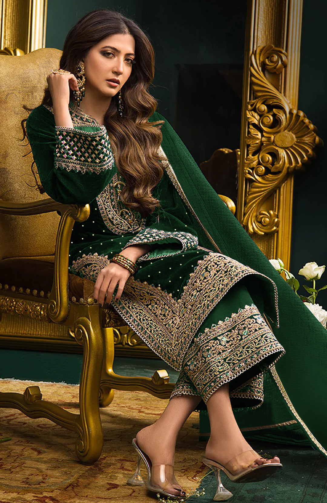 Lorenvalley Fashion Women Green Velvet Embroidered Salwar Suit Material - Distacart