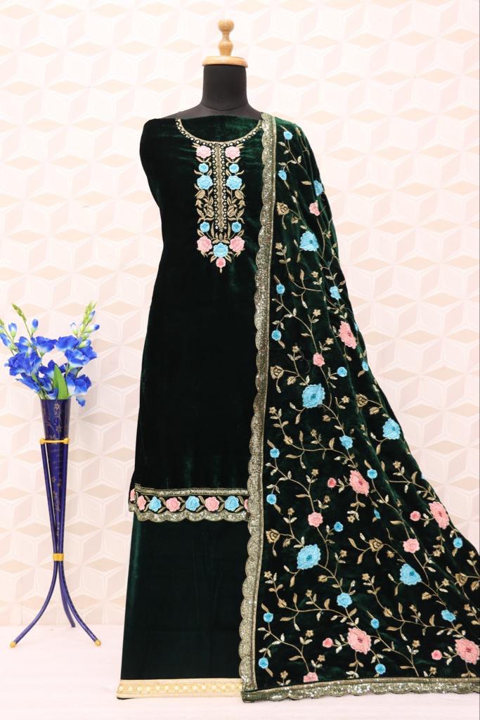 Lorenvalley Fashion Women Green Velvet Embroidered Salwar Suit Material - Distacart