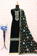 Thumbnail for Lorenvalley Fashion Women Green Velvet Embroidered Salwar Suit Material - Distacart