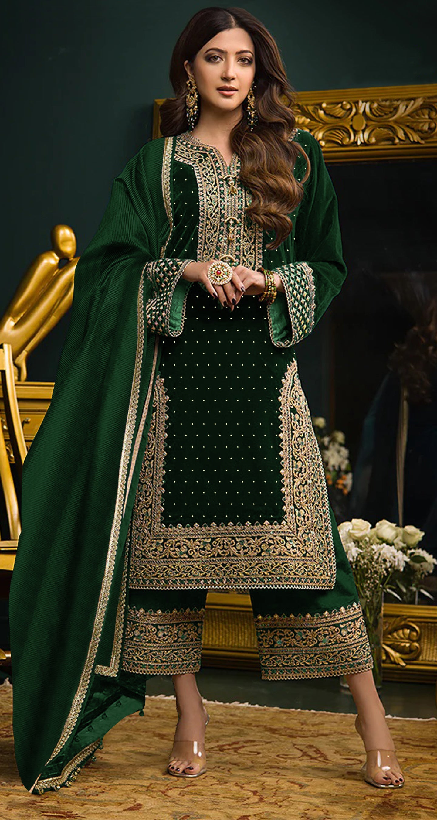 Lorenvalley Fashion Women Green Velvet Embroidered Salwar Suit Material - Distacart
