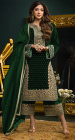 Thumbnail for Lorenvalley Fashion Women Green Velvet Embroidered Salwar Suit Material - Distacart