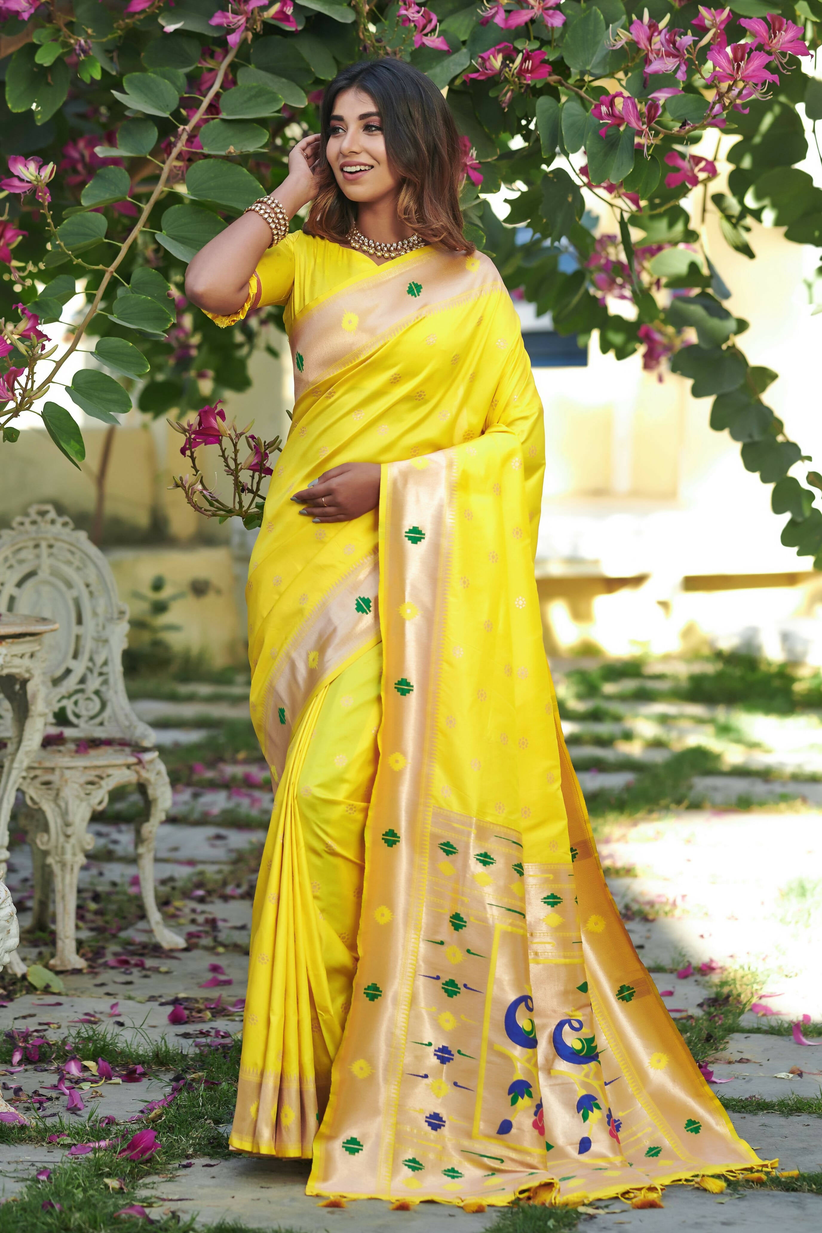 Vishnu Weaves Women's Yellow Banarasi Silk Zari Woven Paithani Saree with Unstitched Blouse - Distacart