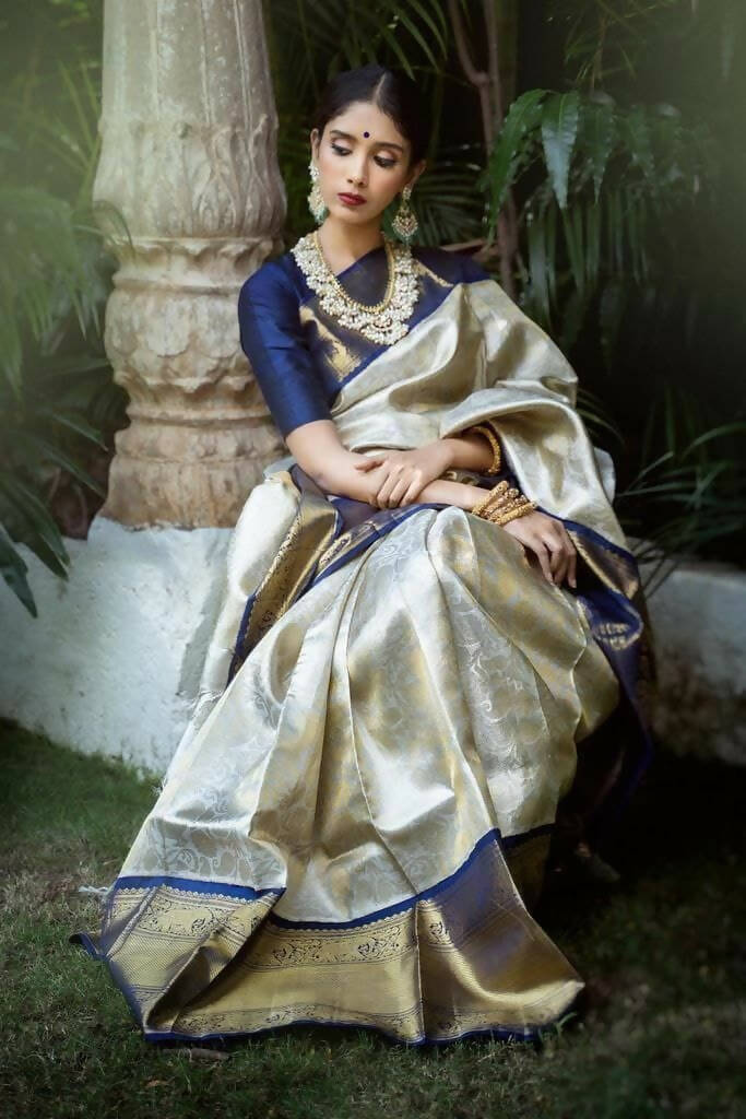 DEIANA'S Beautiful Golden Jari with New Design Soft Lichi Silk Saree - White - Distacart