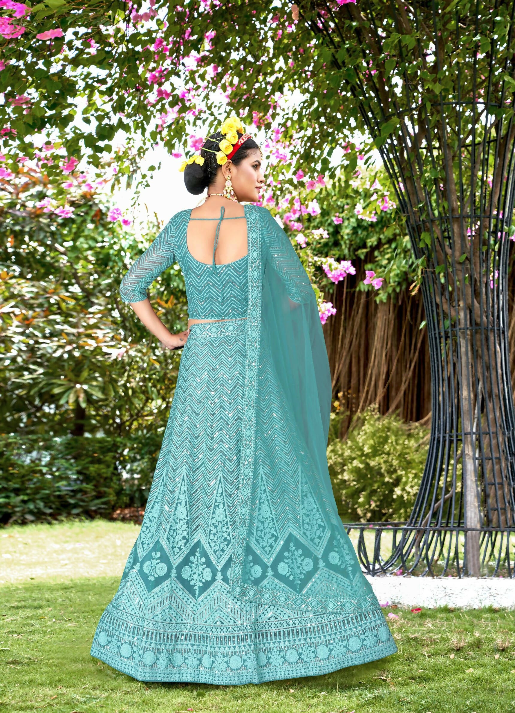 Blue Net Embroidered Semi Stitched Lehenga Choli with Dupatta - Bhagya - Distacart