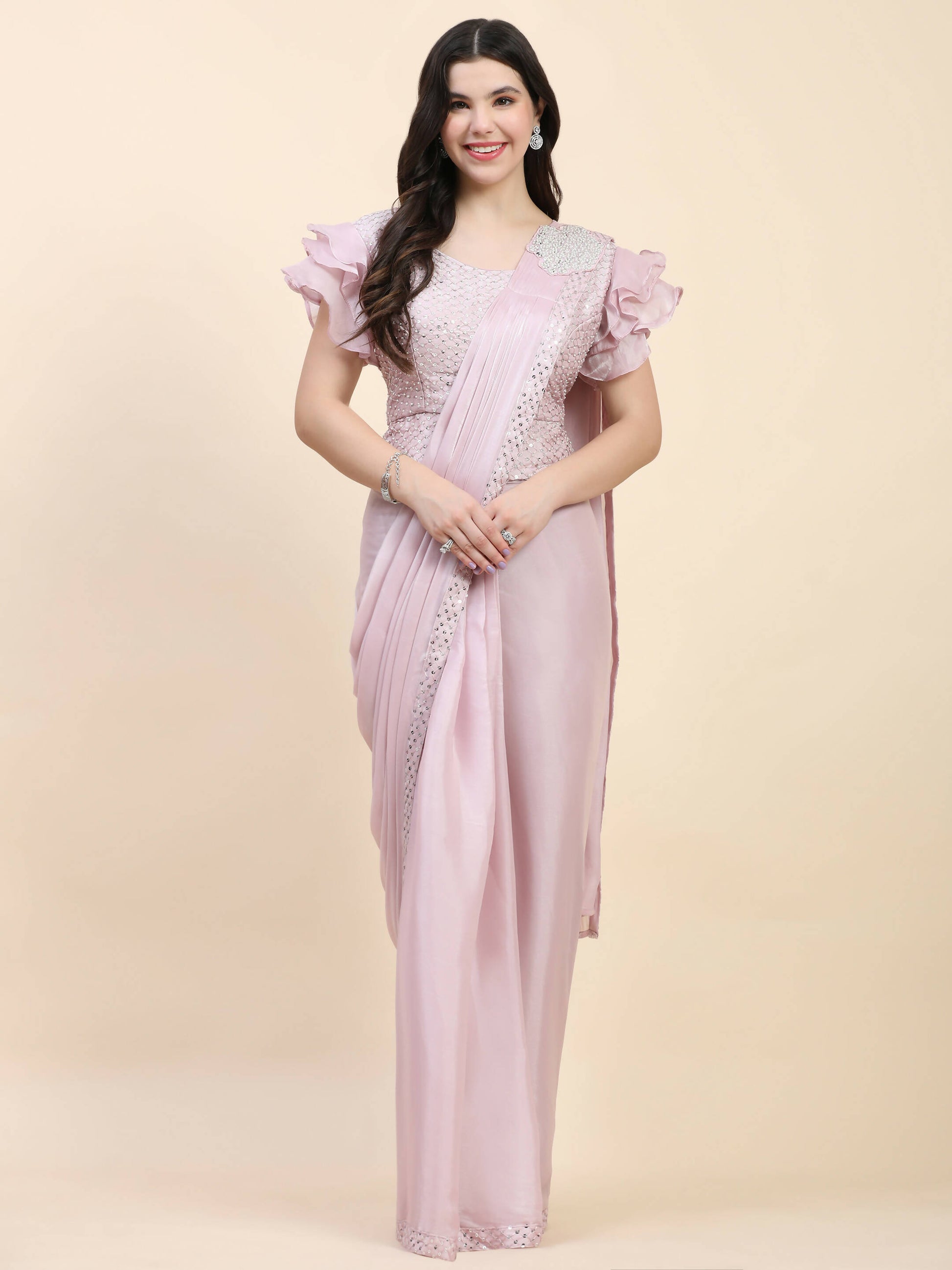 Light Pink Silk Satin Sequence Work Ready to Wear Saree with stitched Blouse - Nirvana - Distacart