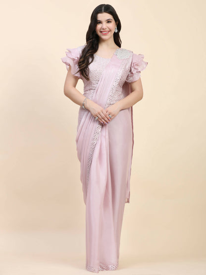 Light Pink Silk Satin Sequence Work Ready to Wear Saree with stitched Blouse - Nirvana - Distacart