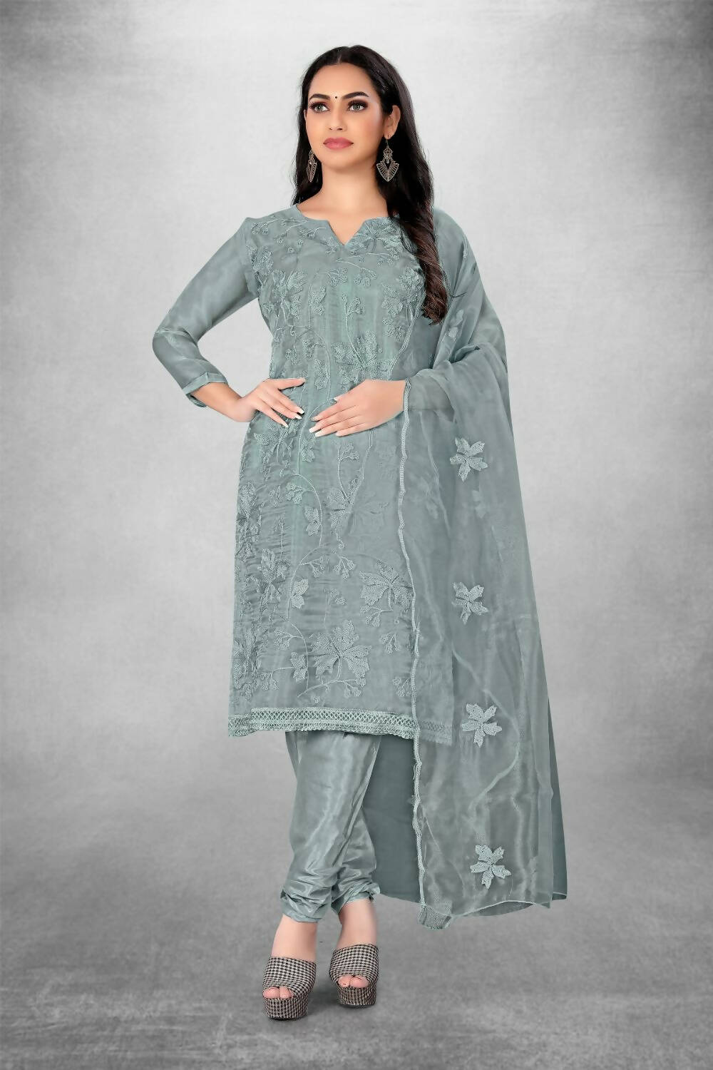 Grey Heavy Organza Silk Embroidered Unstitched Dress Material - Amara - Distacart
