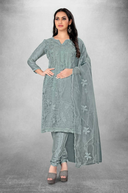 Grey Heavy Organza Silk Embroidered Unstitched Dress Material - Amara - Distacart