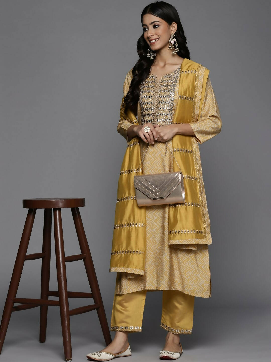 Varanga Women Mustard Yellow Printed Mirror Work Kurta with Trousers & Dupatta - Distacart