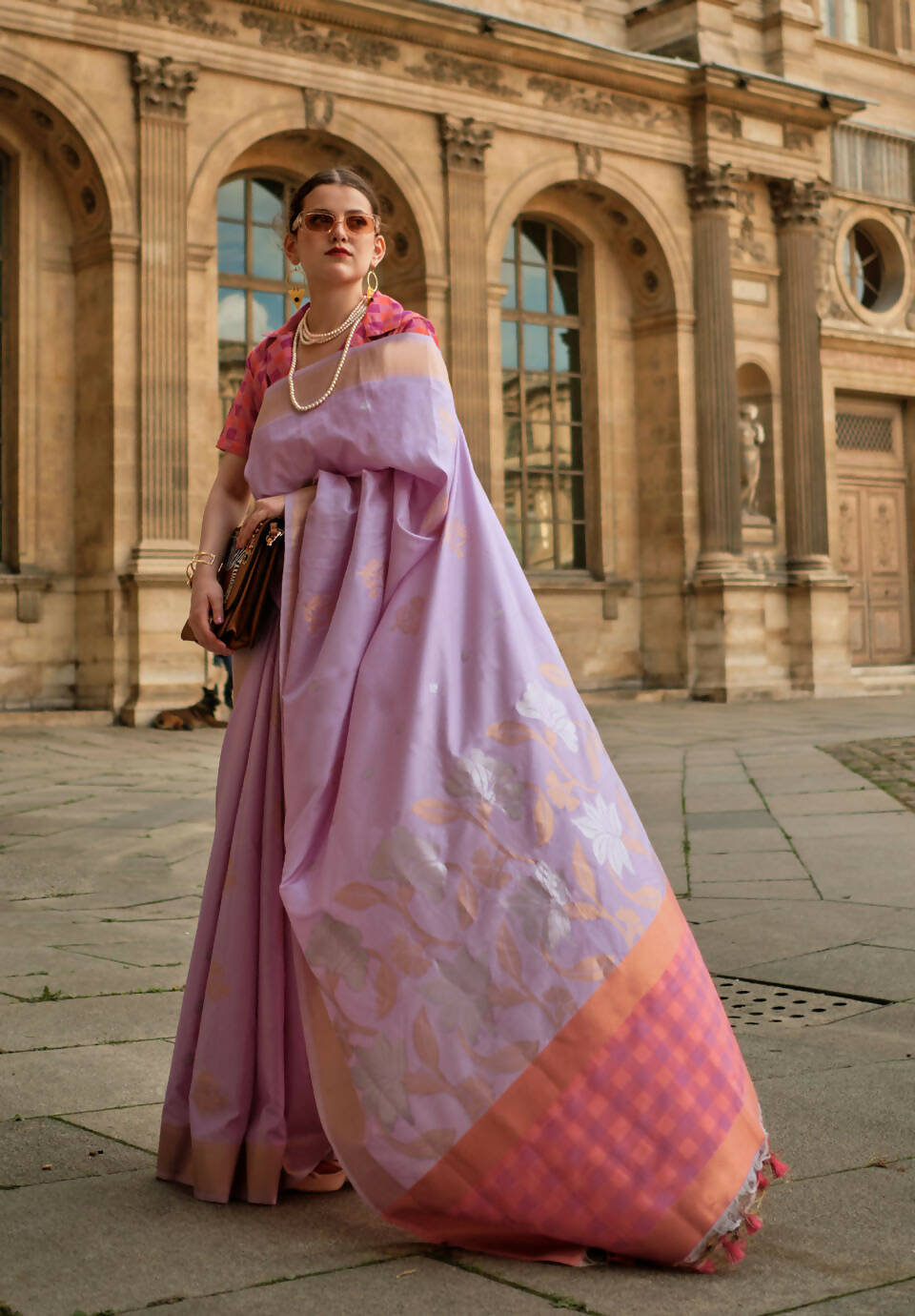Crocus Purple & Peachsoft Handloom Sik Zari & Thread Work, Contrast Pallu Saree - Rajtex Kube Silk - Distacart