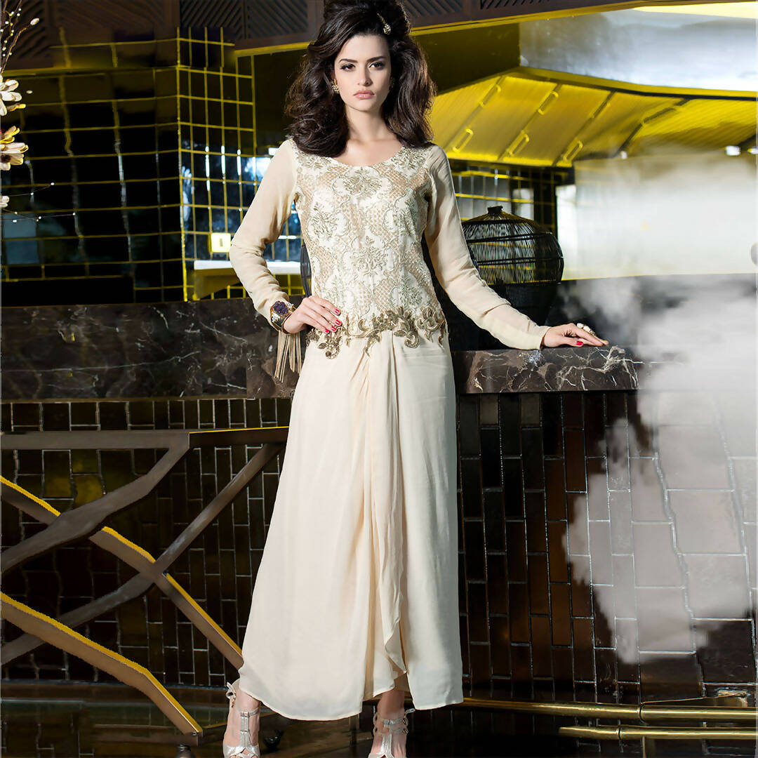 Off White Georgette Floral Embroidered A-line Kurti - Missy - Distacart