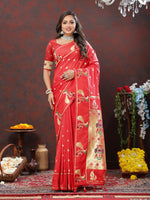 Thumbnail for Lorenvalley Fashion Red Soft Paithani Silk Woven Design Gold Zari Meenakari Weaving Saree - Distacart