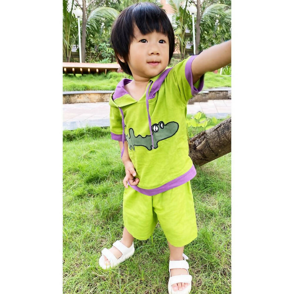 Mhyssa Croco Half sleeves Green and Purple Hoodie with Shorts Set For Kids - Distacart