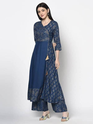 Aniyah Rayon Blue Color Foil Print Angrakha Anarkali Palazzo Set (AN-207K)